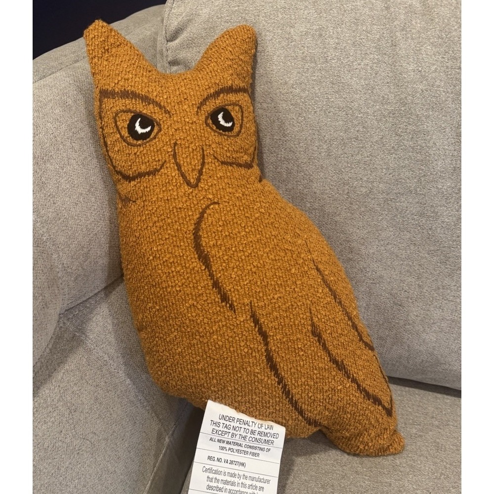 Grandin Road Tawny Owl Shaped Pillow Golden Brown 16 x 13.5 Knubby Textured New